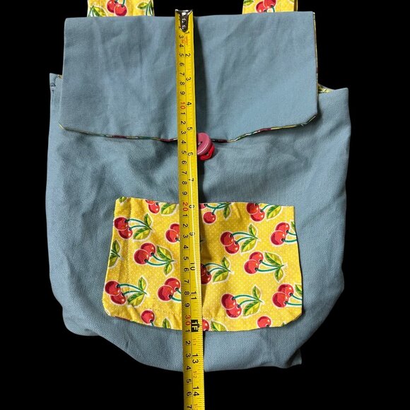 Handmade Small Backpack Purse Blue Yellow Red Cherry Kitsch Whimsical Adjustable - Picture 8 of 9
